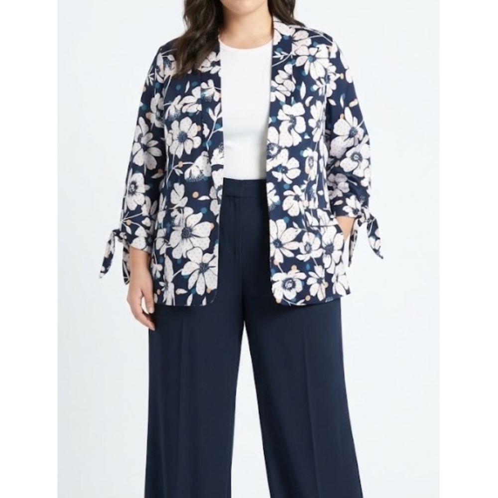 Eloquii Blazer size 18 Navy Floral Polka Dot Tie Cuff Open Front Jacket Preppy